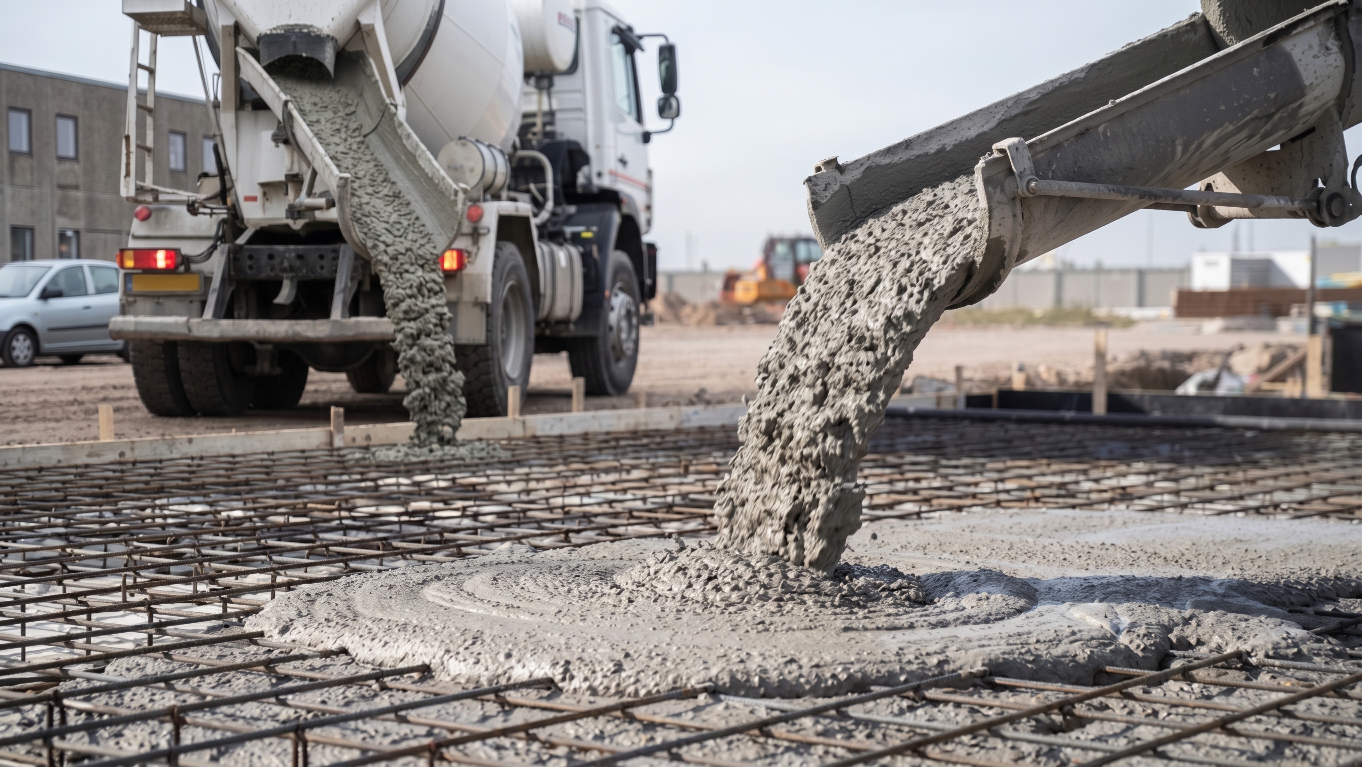 Beton støbes ud over armeringsnet på en anlægsplads